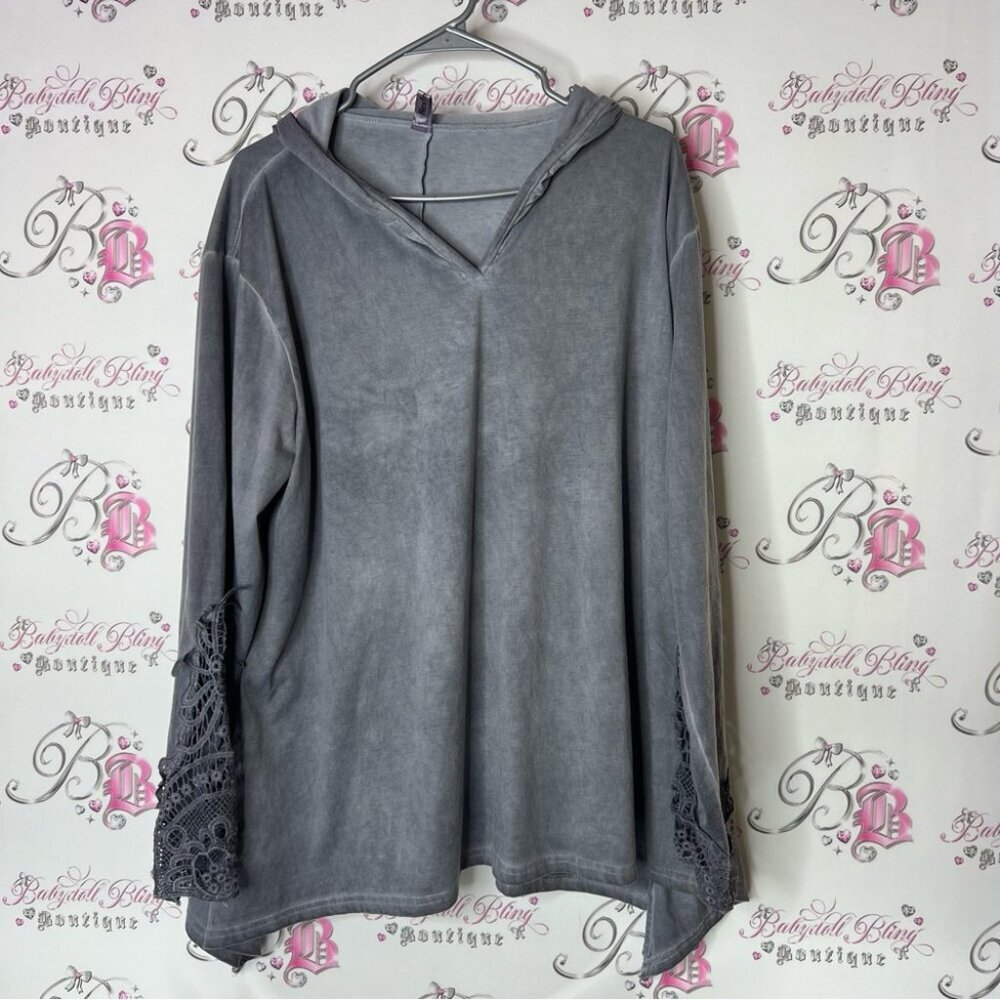 Nextmia Gray sweatee Top with Lace crochet style floral Sleeves hoodie